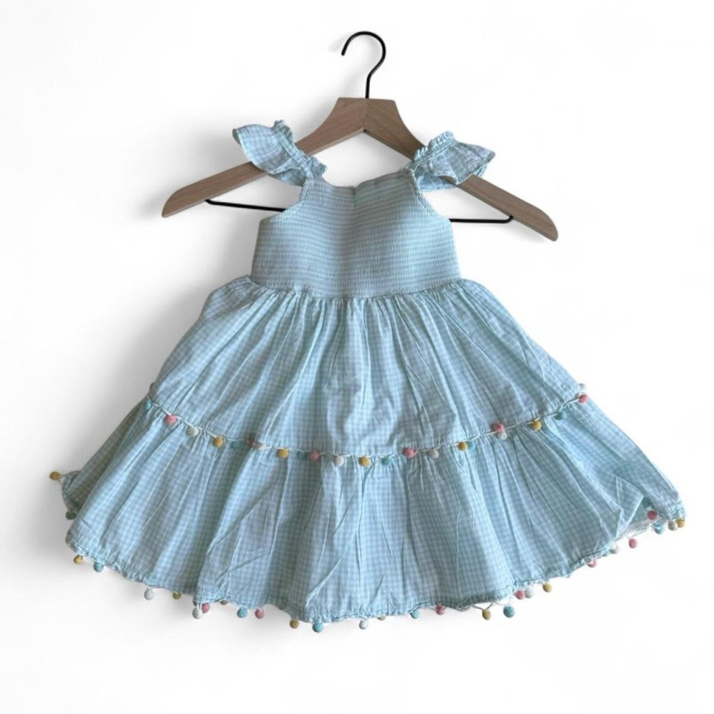 Tahari Girls Blue Gingham Dress Size 4 Pom Pom Trim Babydoll